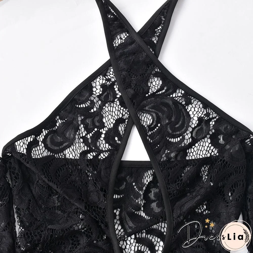 Lace Drawstring Ruched Long Sleeve Backless Dresses