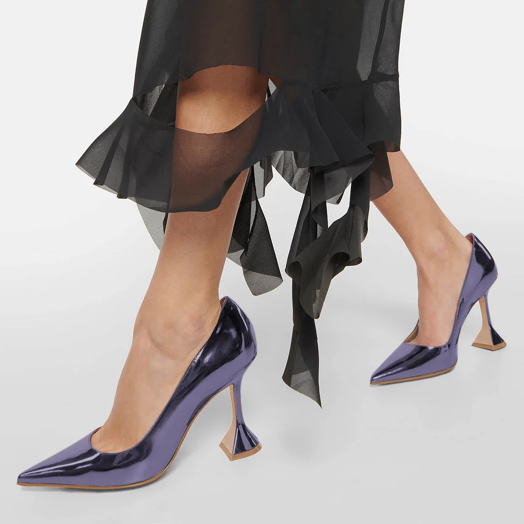 Patent Leather Pointed Toe Flared Heel Pumps Shoes in Purple