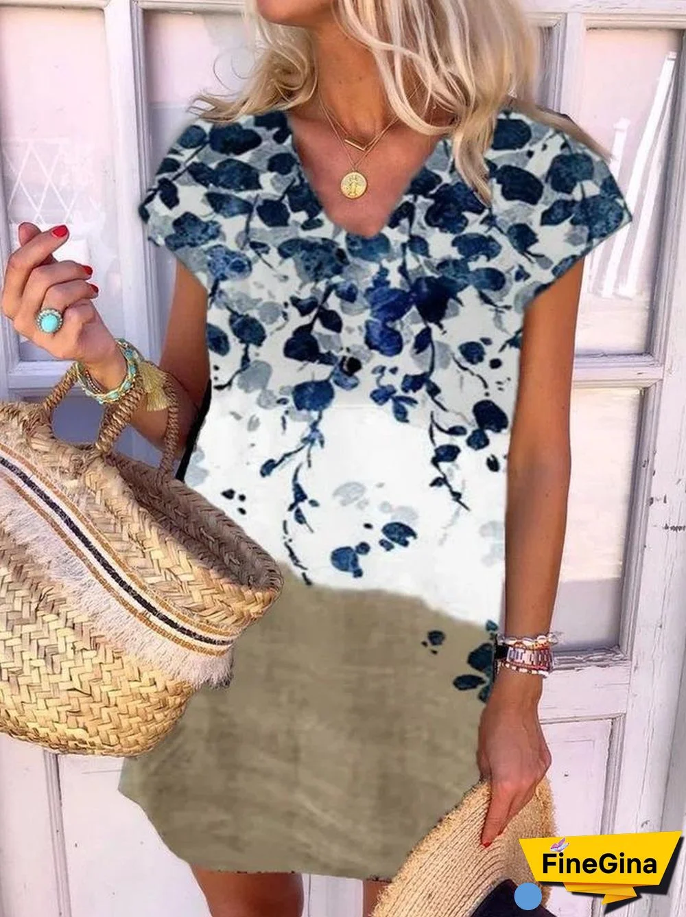 V-Neck Short Sleeve Flower Printed Casual Dress