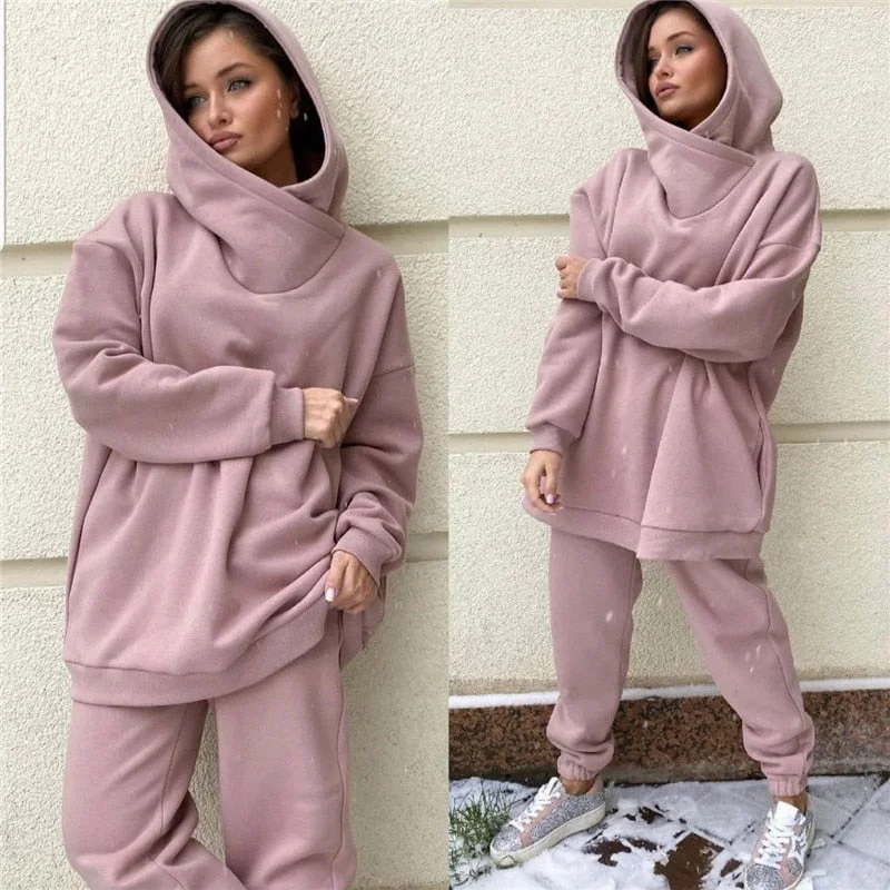 Women Tracksuit Autumn Winter Solid Fleece Warm Long Sleeve Hoodies Jogger Pants Two Piece Sets Oversized Casual Sportswear Suit