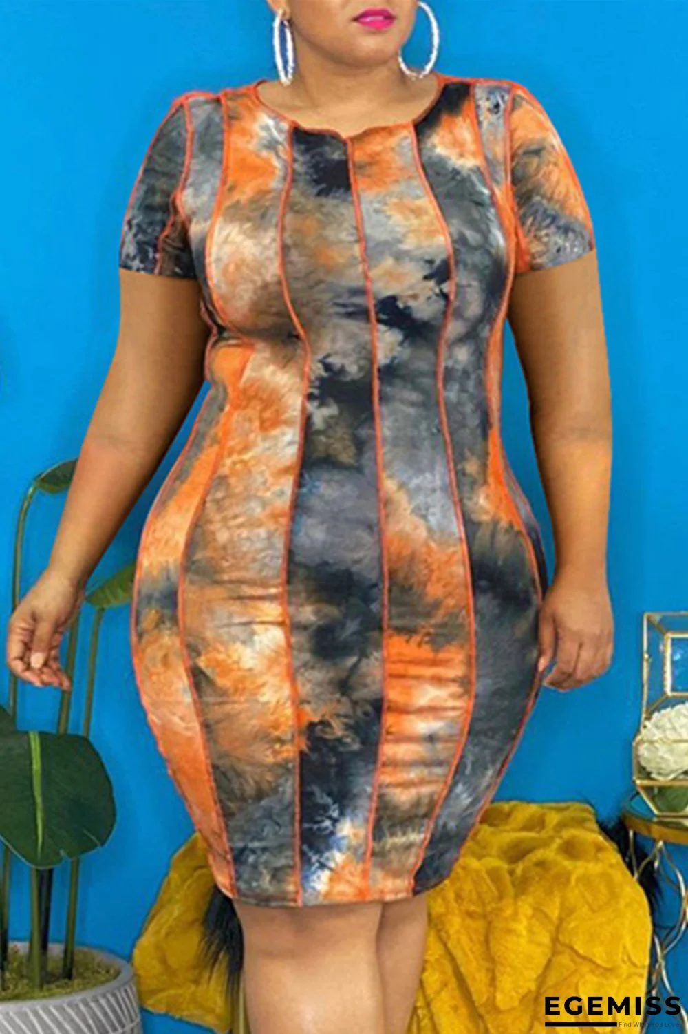 Multicolor Fashion Casual Plus Size Tie Dye Printing O Neck Short Sleeve Dress | EGEMISS