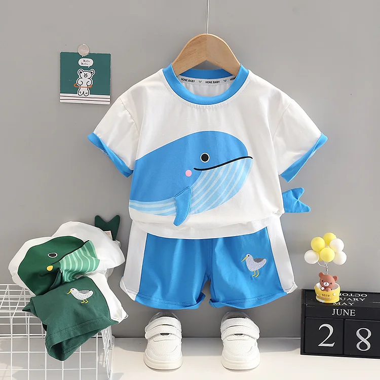 2pcs Baby Boy/Girl Summer Whale Print T-shirt & Embroideried Animal Shorts Set