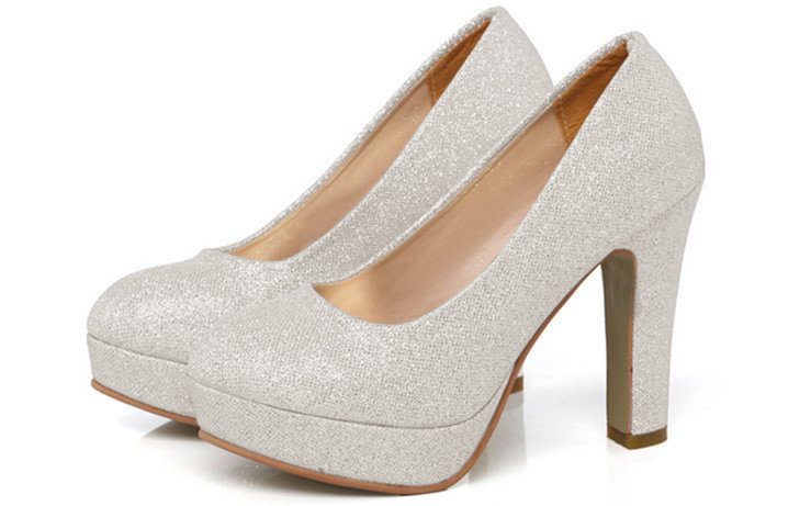 Silver Sparkly Heels Block Heel Pumps with Platform |FSJ Shoes