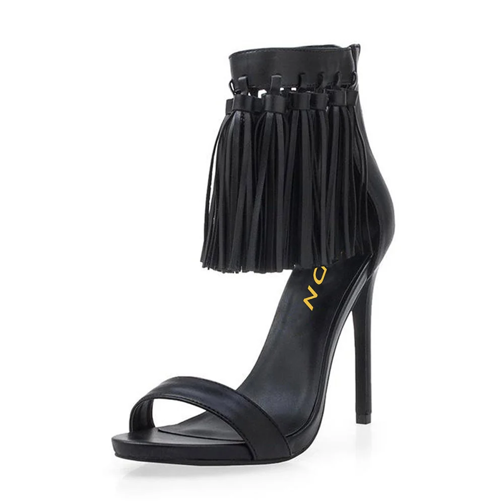 Chic Open Round Toe Tassel Decor Back Zipper Black Heels Sandals