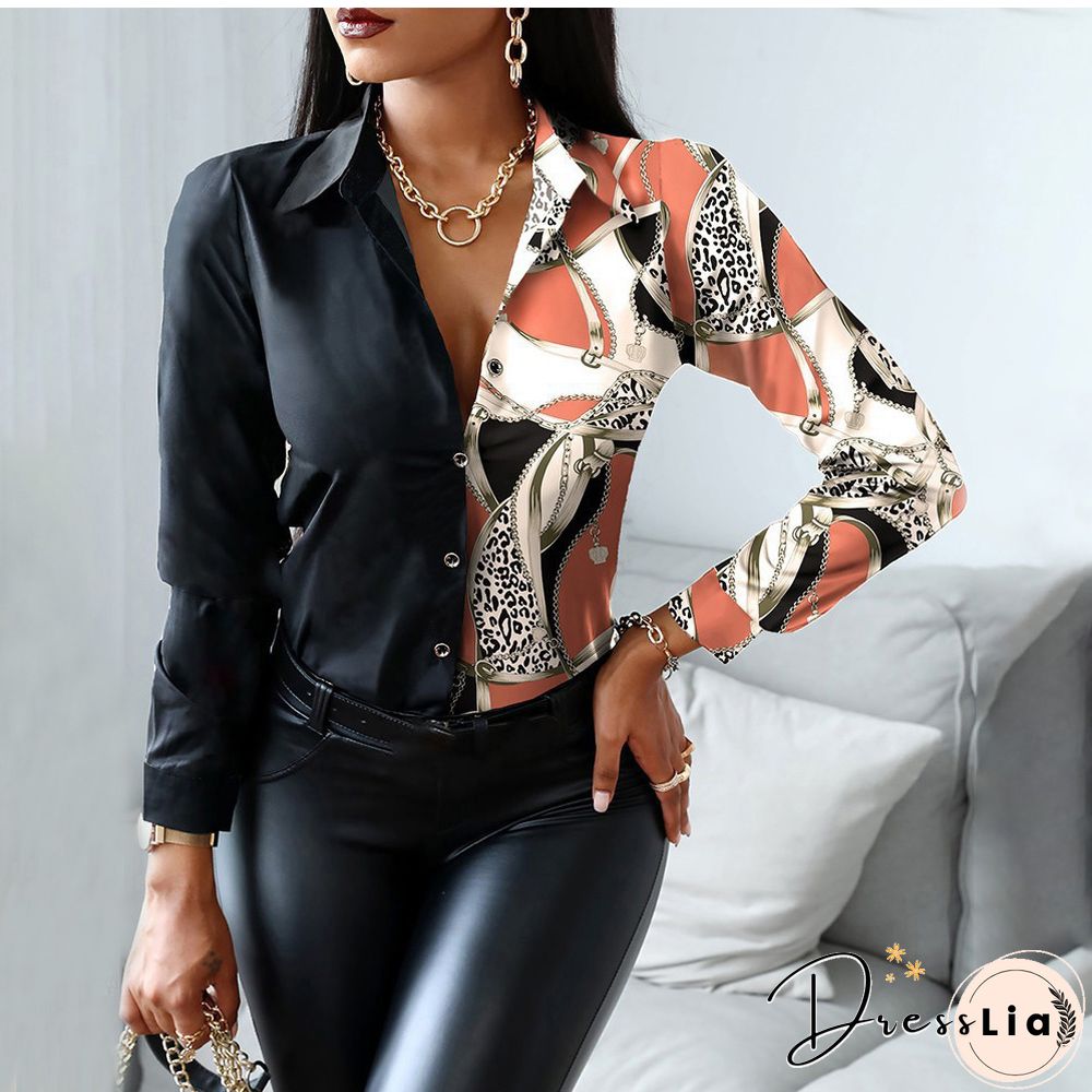 Autumn Women Black Floral Print Top Shirt Fashion Casual Long Sleeve Turn-down Collar Tops Shirts New Elegant Slim Button Shirts
