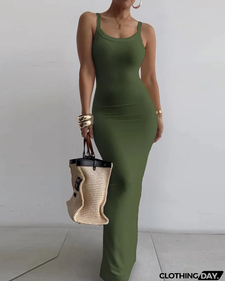 Women Fashion Sexy Skinny Solid Color Sling Maxi Dress