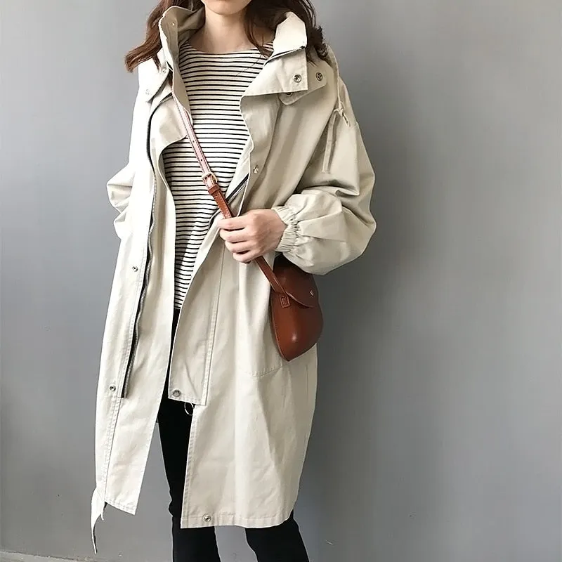 Oversize Spring Autumn Trench Coat Women 2020 New Casual  Long Fashion Hooded Windbreaker Zipper Pocket  Female Large size Q191