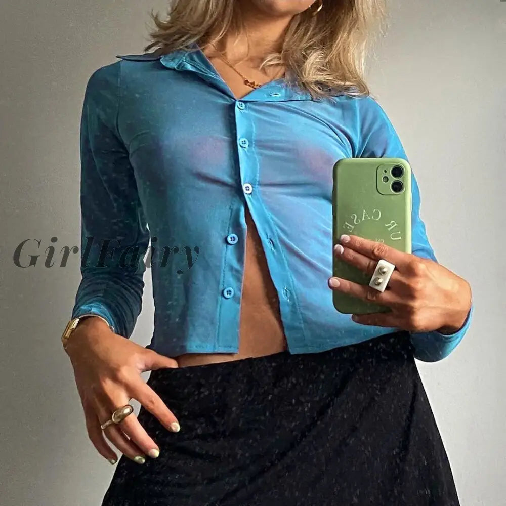 Girlfairy New Mesh Brown Y2K Crop Top Women Long Sleeve Tie Dye Print Summer Spring Basic Sexy Party