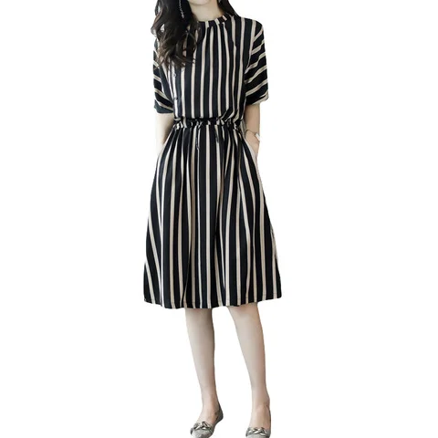 Uveng Uveng 2023 New Korean Version Of The Waist Temperament Fashion Casual Loose In The Long Striped Dress Women's Clothing