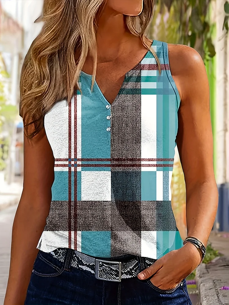 Women's Geometric Plaid Print V-Neck Tank Top - Casual Button Detail Sleeveless Shirt, Medium Stretch Machine-Washable Summer Top For Resort Wear & Layering, Ladies Tank Tops, Nontransparent Fabric, Layering Piece, Breathable Material, Trendy To