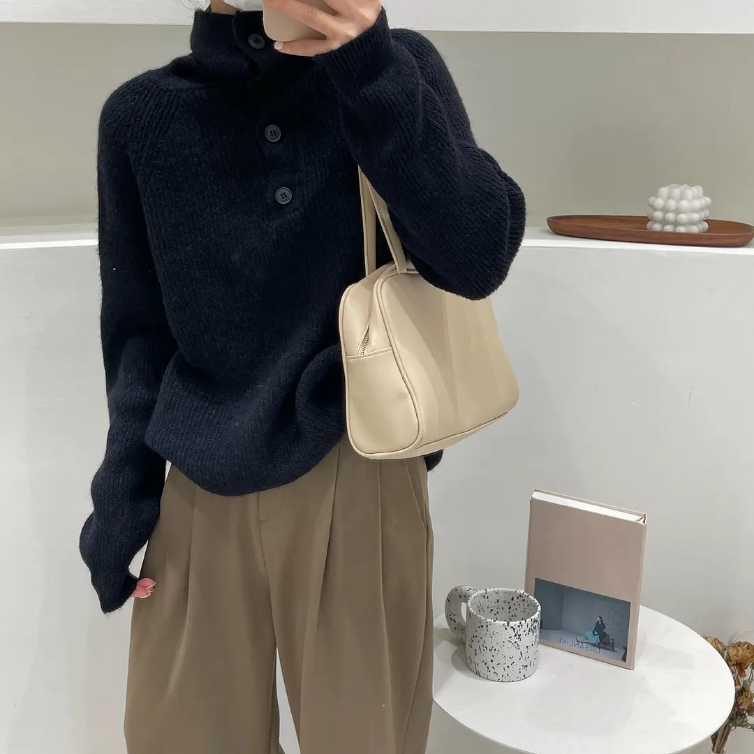 Churchf Churchf Autumn Winter Korean Version Loose Lazy Casual Collar Pure Color Button Design Niche Knit Sweater Woman