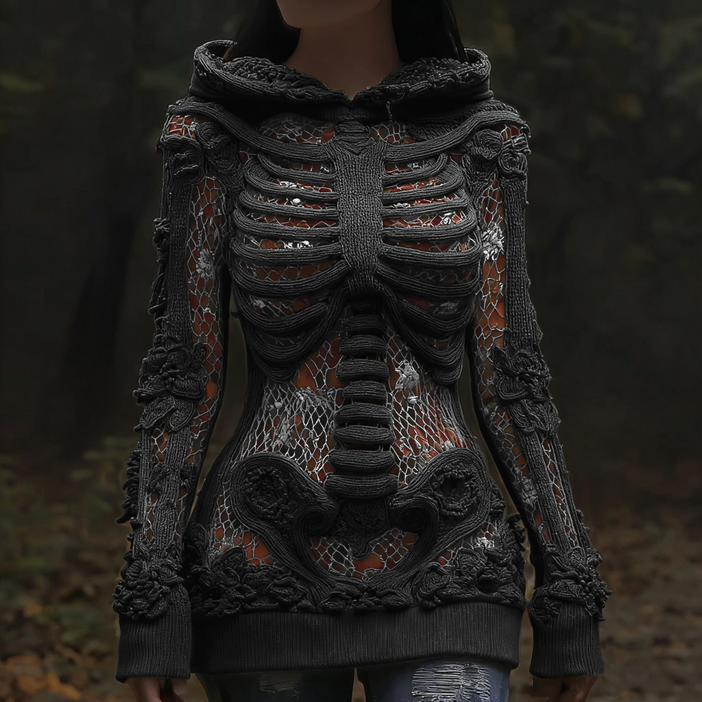 Vintage Halloween Anatomy And Rose Art Knit Hooded Sweater artswardrobe