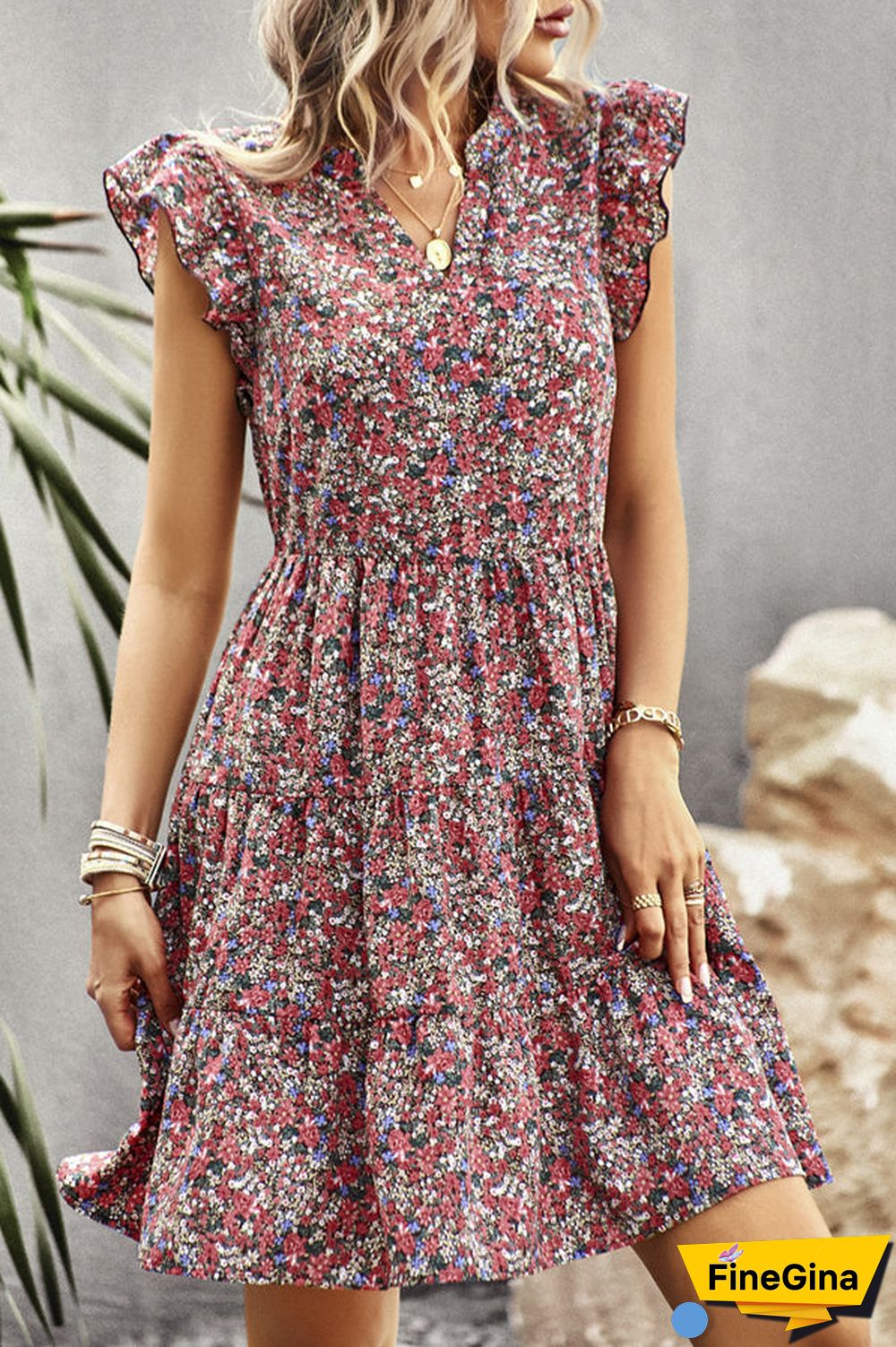 Ruffle Shoulder Floral Print Mini Dress