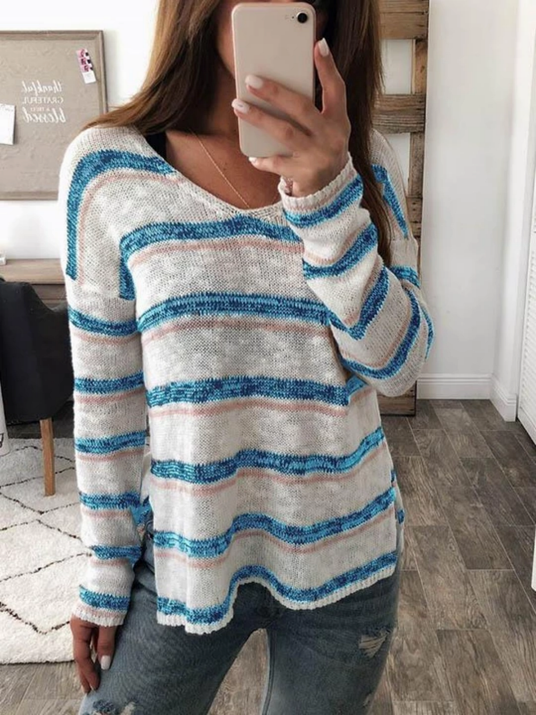 V Neck Casual Striped Sweater