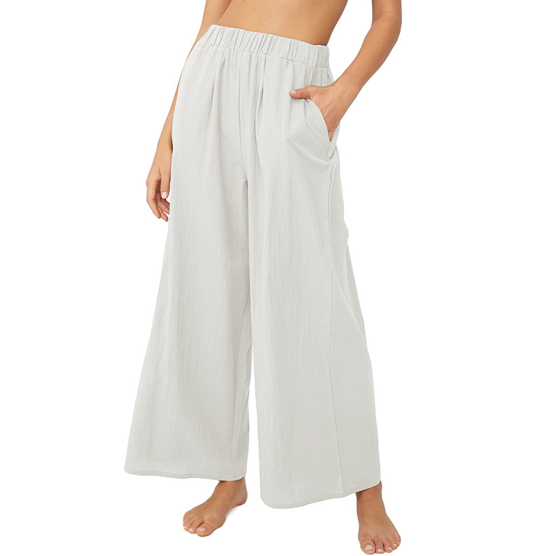 Casual Wide Leg High Waist Loose Cotton Linen Solid Color Beach Pants