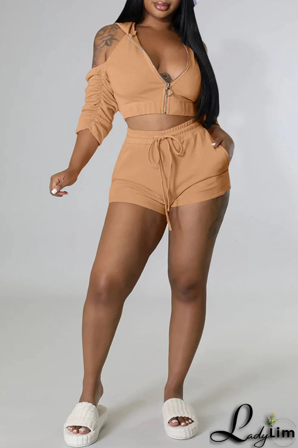 Rose Red Fashion Casual Solid Backless Fold Half A Turtleneck Half Sleeve Two Pieces