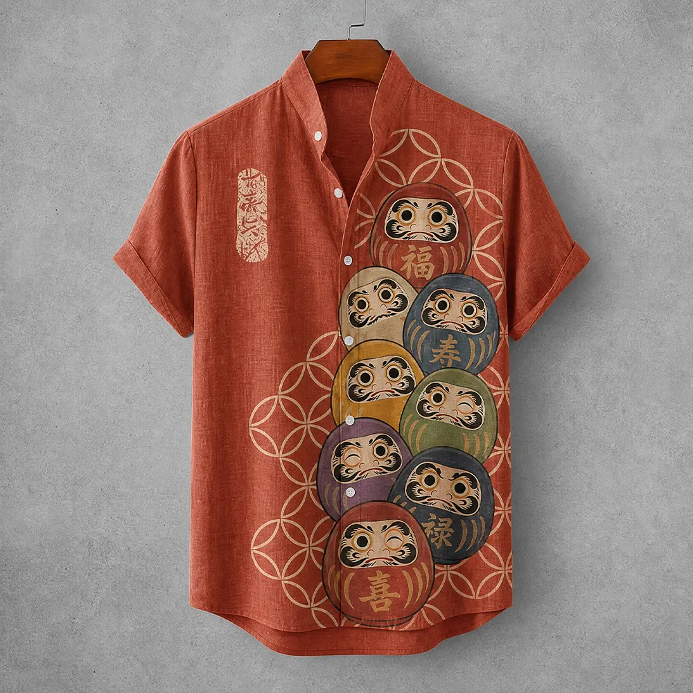 Men's Japanese Daruma Doll Lucky Charm Pattern Print Short Sleeve Shirt  artssus
