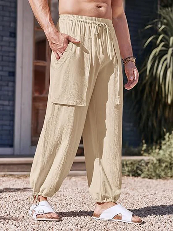 Men's Casual Slant Pocket Elastic Waist Drawstring Cotton Linen Loose Pants
