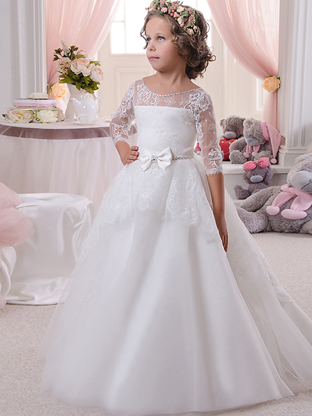 Dresseswow Ivory Scoop Ball Gown Flower Girl Dresses Lace with Lace Crystal