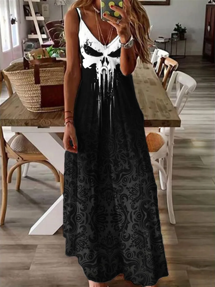 VChics Skull Contrast Gothic Pattern Gradient Cami Maxi Dress