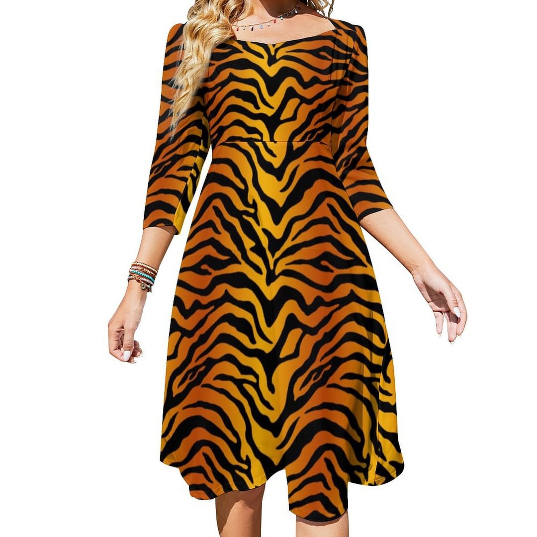 Tiger Stripe Print Dress Sweetheart Tie Back Flared 3/4 Sleeve Midi Dresses