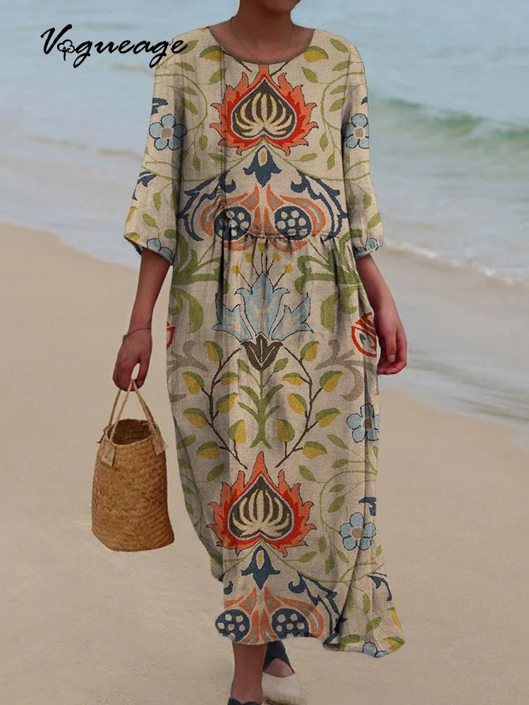 Retro Gentle And Elegant Plants Printed Women's Casual Cotton And Linen Dress