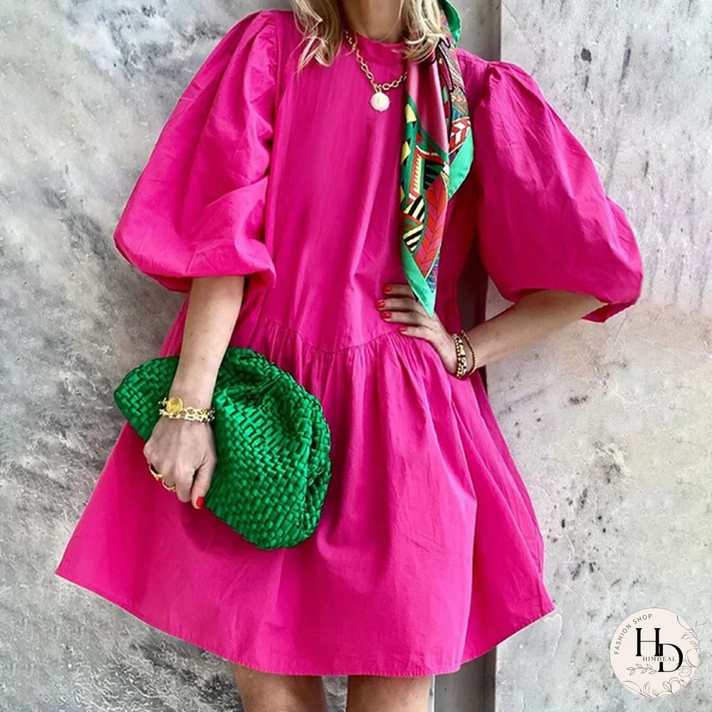 Women's Fashion Summer Mini Dress Plus Size Solid Color 3/4 Sleeve Tunic Dress Holiday Party Blouse Dress Kleid