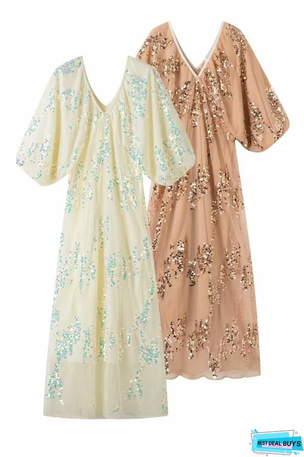 Batwing Sleeve Sequined Deep V Neck Long Dress