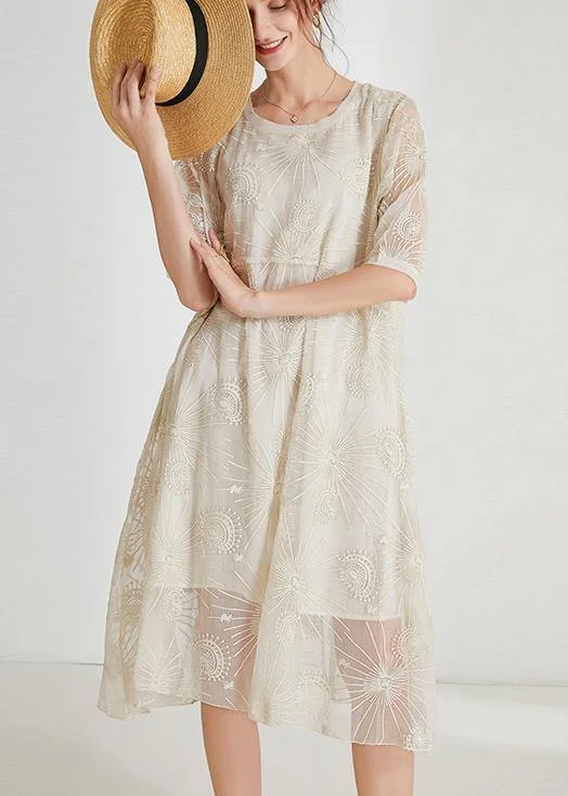 French Light Embroidery Chiffon Short Sleeve Summer Maxi Dresses