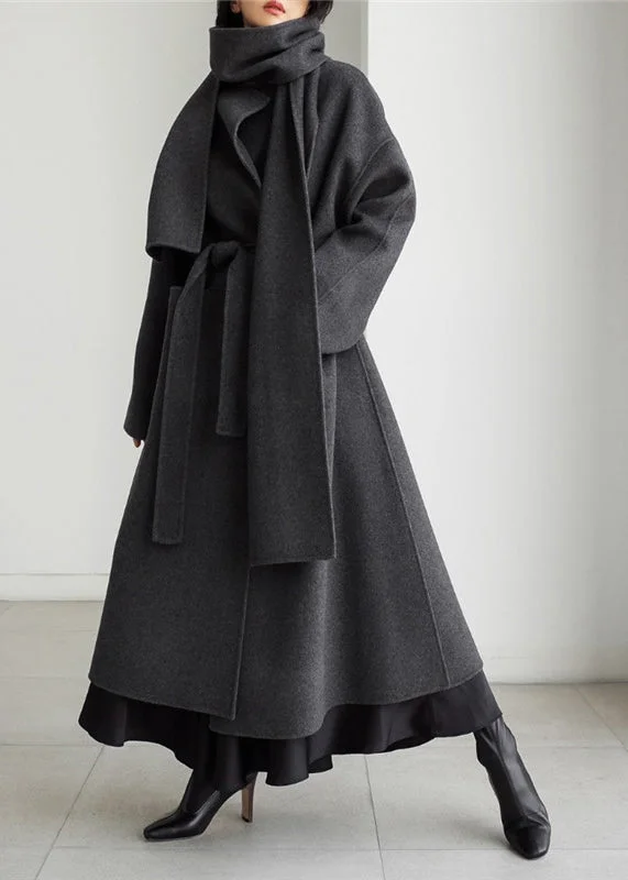 Art Black Notched Pockets Woolen Coats Long Sleeve