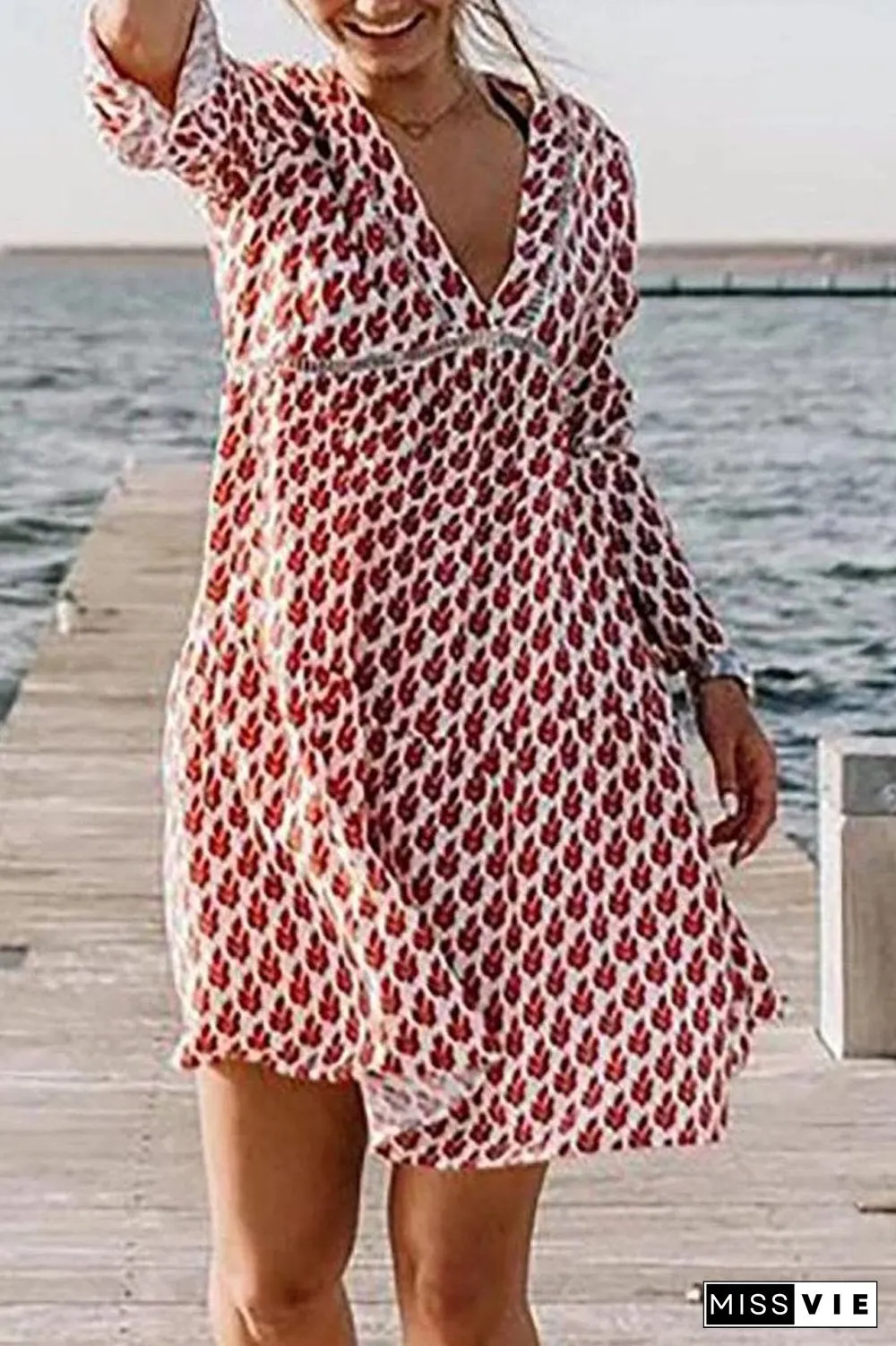 V-Neck Flare Three Quarter Sleeve Dress