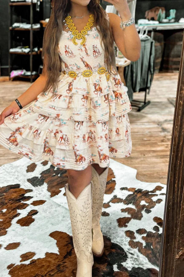 Vintage Western Horse Print Layered Ruffle Dress