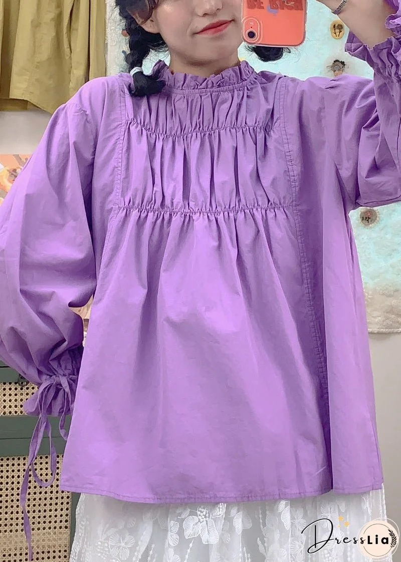 French Purple Solid Ruffled Lace Up Cotton Top Spring