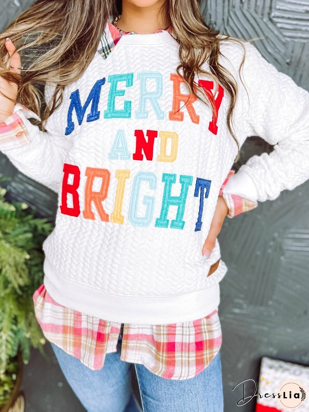 Cozy White Cable Knit Pullover with Merry and Bright Slogan
