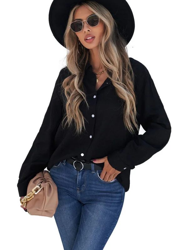 Casual Long Sleeves Loose Solid Color Lapel Collar Blouses