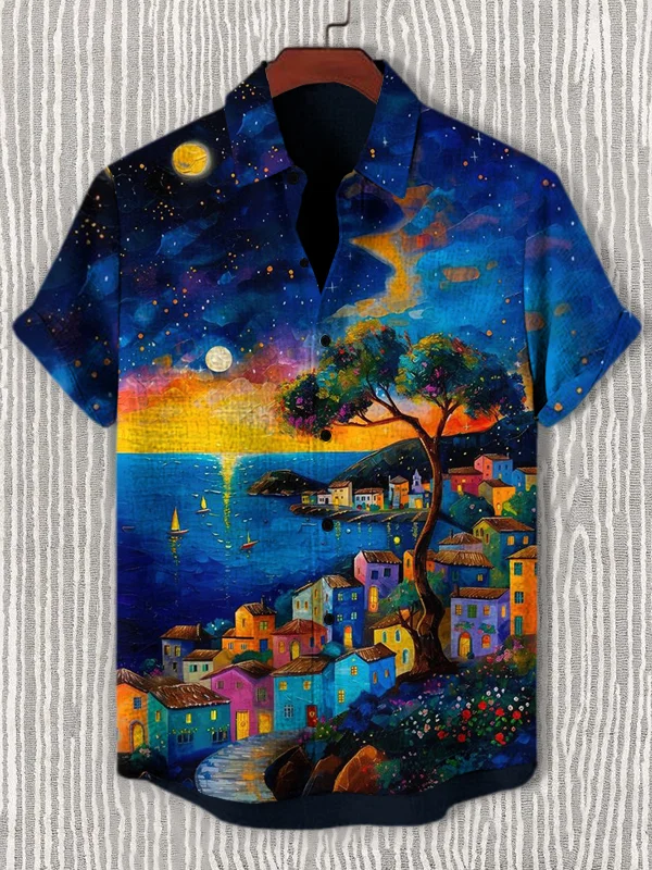 Men's Landscape Oil Painting Art Print Casual Short Sleeve Shirt