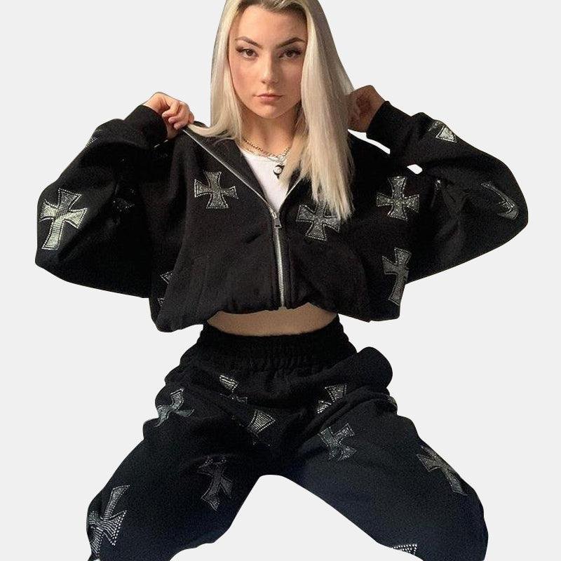Rhinestone Streetwear Zipper Hoodie Set