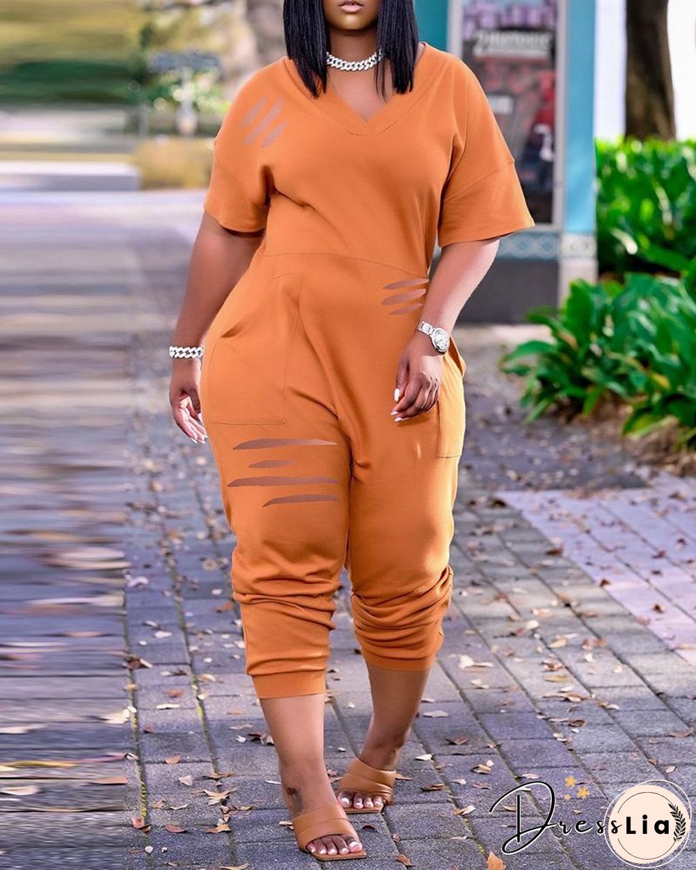 Pocket Design Cutout Short Sleeve Jumpsuit