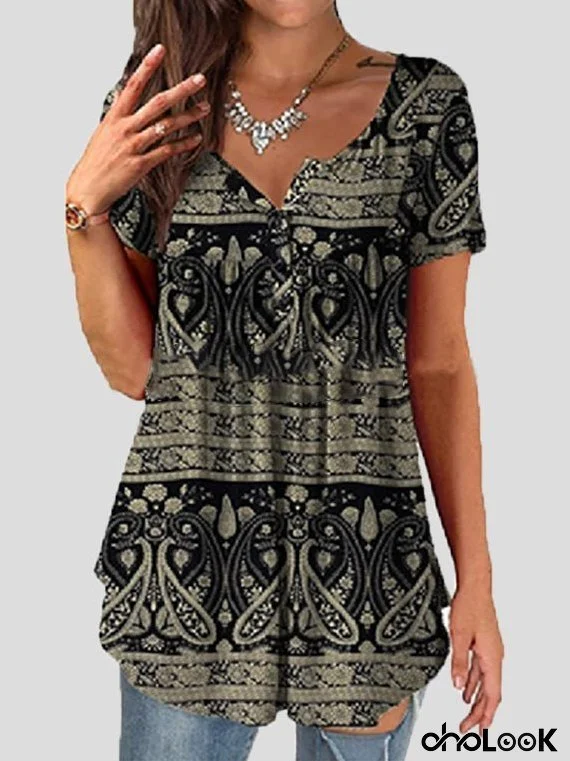Women's T-Shirts Vintage Print V-Neck Short Sleeve T-Shirts