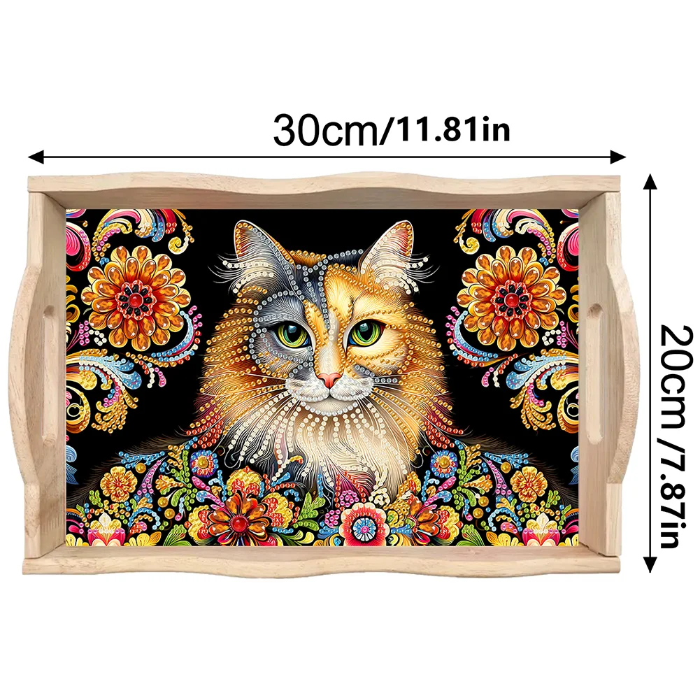 5D DIY Flower Cat Diamond Painting Wooden Serving Tray with Handle for Desk