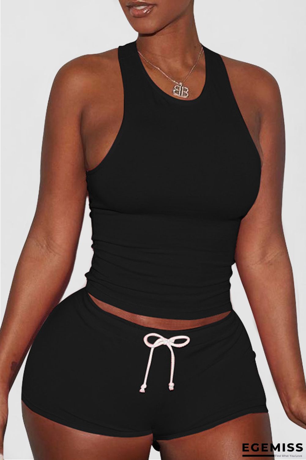 Black Casual Sportswear Solid Basic O Neck Sleeveless Two Pieces | EGEMISS