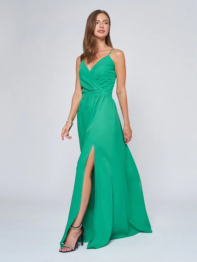 Green Sexy Spaghetti Strap Formal Evening Dress with Slit Floor Length Party Gowns
