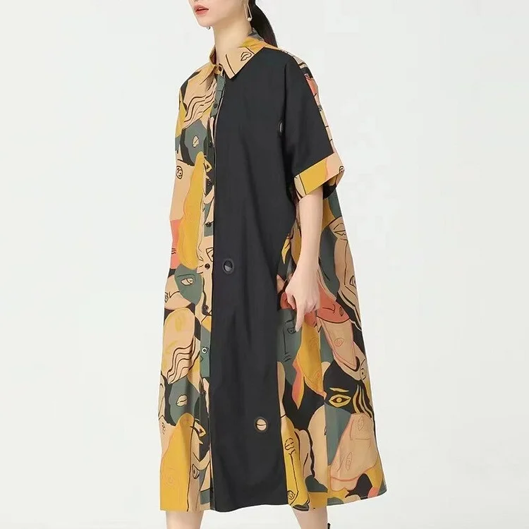 Casual Loose Lapel Abstract Face Printed Patchwork Single-breast Pocket Half Sleeve Dress 