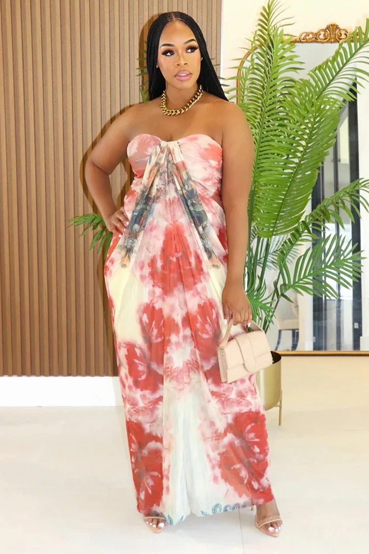 Abstract Print Vacation Draped Strapless Maxi Dresses-Red [Pre Order]