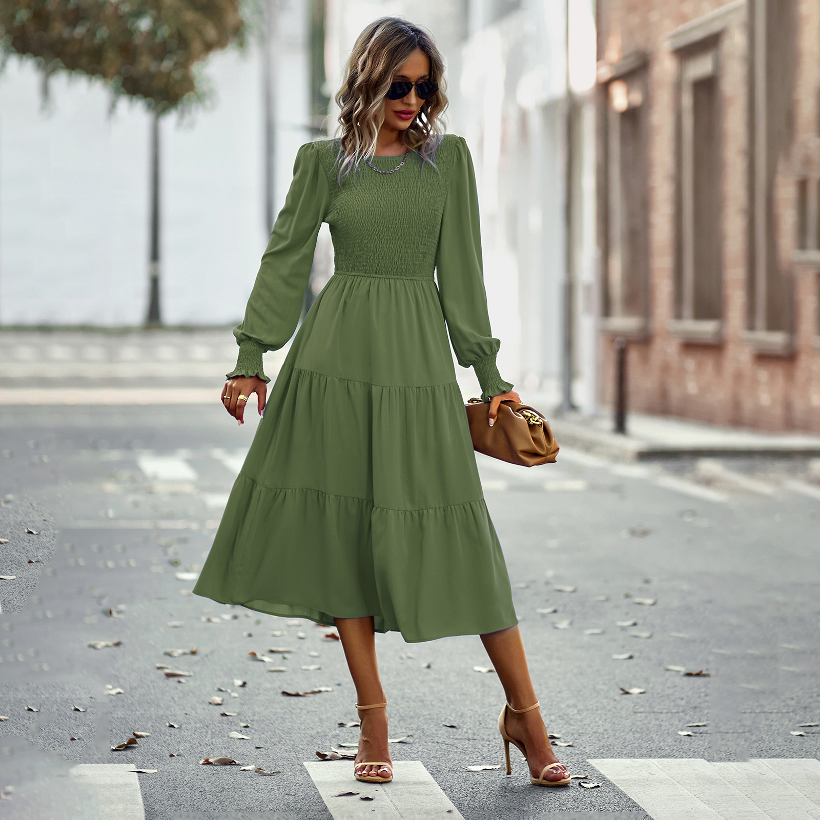 Mature Women Casual Vacation Cinched Mid-length Dress Spring And Autumn
