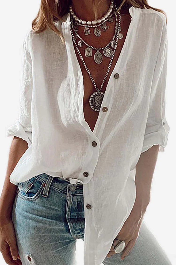 Deep V Neck Roll Sleeve Linen Lounge Shirt