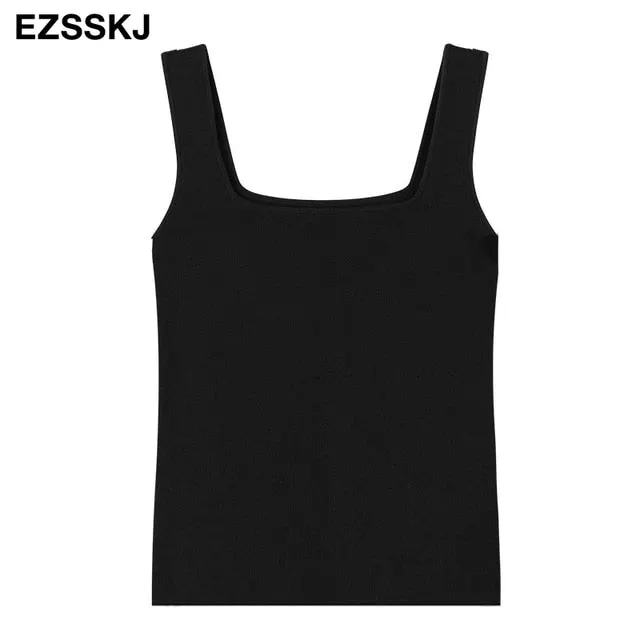 high quality chic basic U-NECK Summer white knit Women tank top sexy sleeveless t-shirt  vintage top casual crop top t shirt
