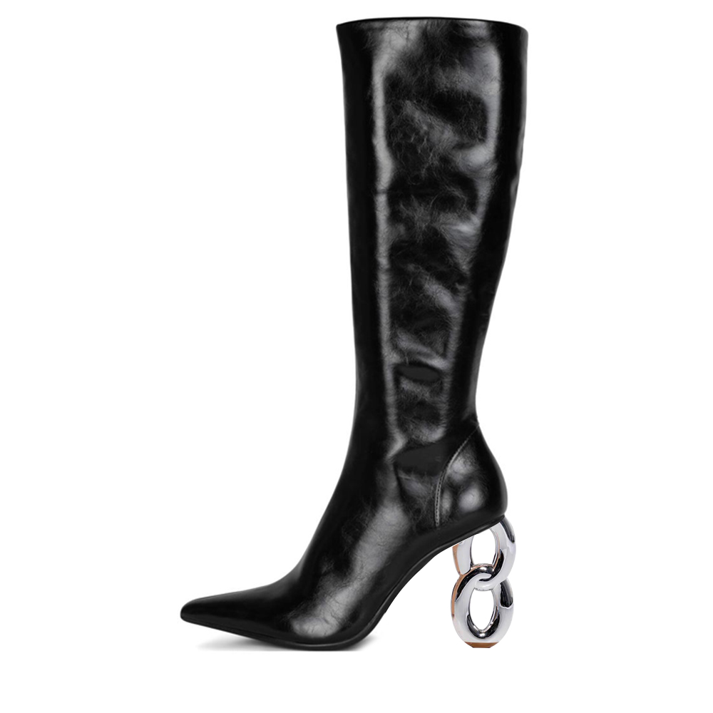 Black Closed Toe 4'' Decorative Heel Knee High Winter Boots Nicepairs