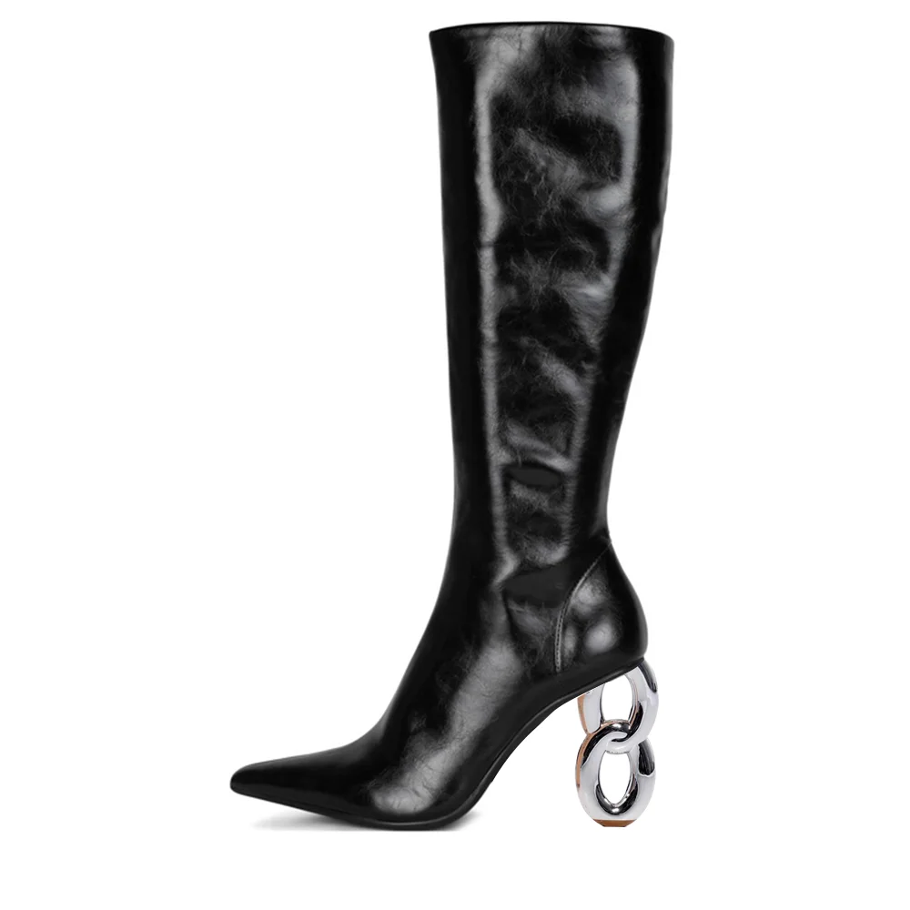 Black Closed Toe Knee High Winter Boots With Decorative Heels Nicepairs