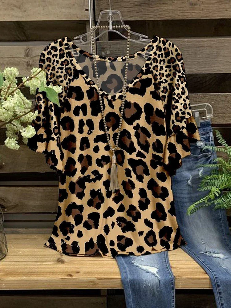 Women's Summer Fashion V-Neck Loose Leopard Print Short Sleeve T-Shirt
